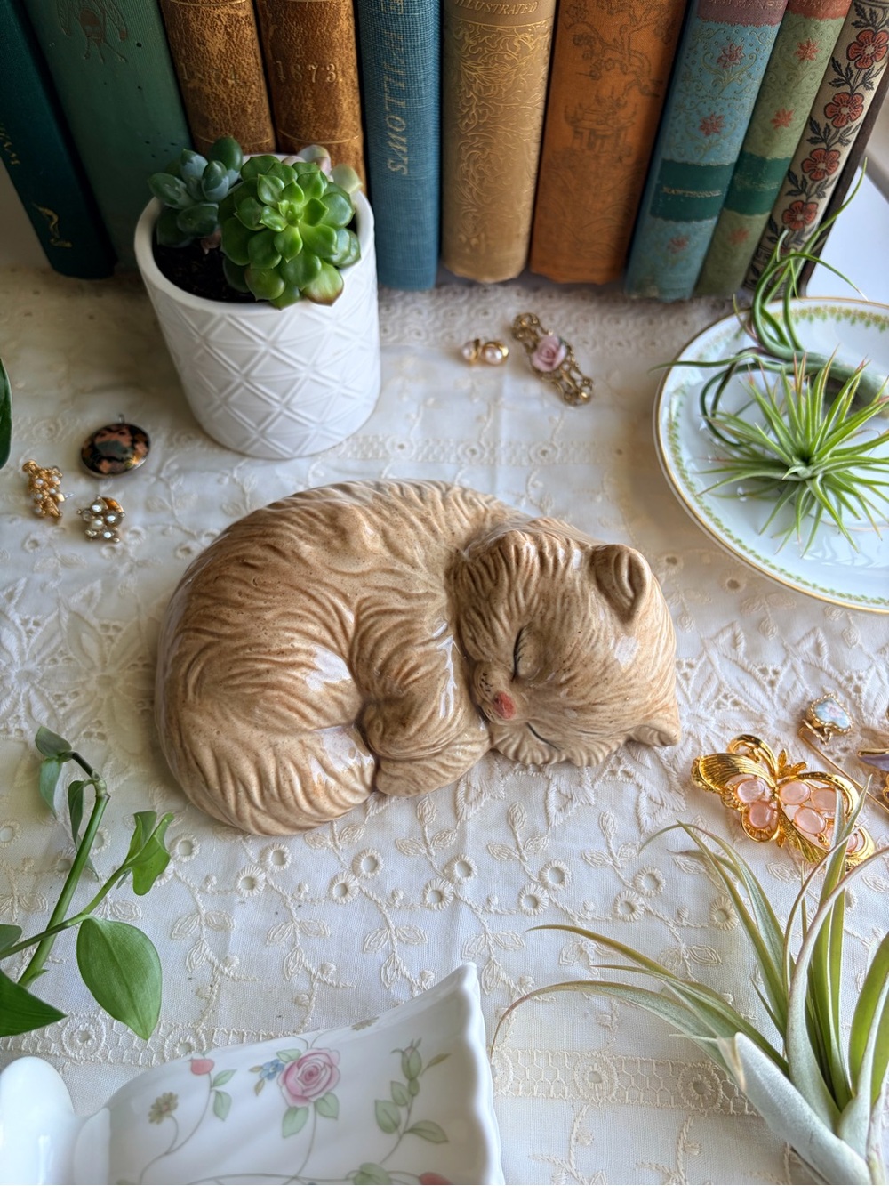 Hand Painted Sleeping Cat Ceramic Figure